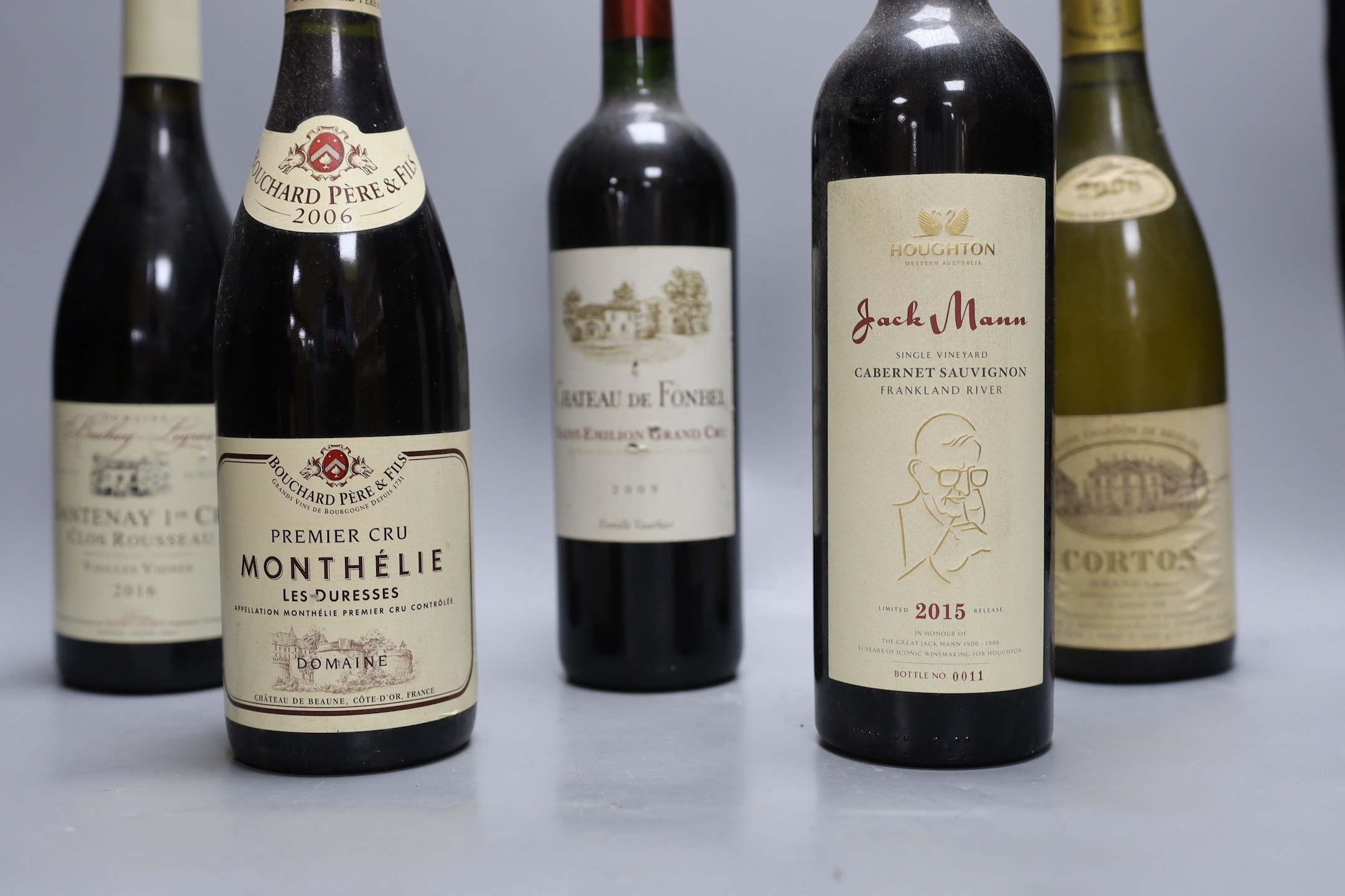Six bottles of wine to include Bouchard Père & Fils Monthélie 2006, Chateau De Fonbel Saint Emilion Grand Cru 2009, E. Guigal Condrieu 2007, Houghton Jack Mann Cabernet Sauvignon 2015, Corton Grand Cru 2006 and Santenay